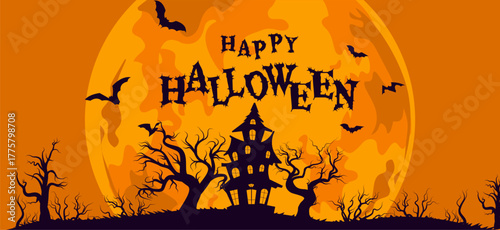Halloween background banner haunted house and big dead tree with big full moon as background with copy space. Halloween illustration design.
