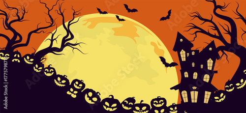 Halloween background banner haunted house, pumpkin monster and big dead tree with big full moon as background with copy space. Halloween illustration design.