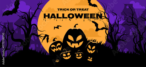 Halloween background creepy pumpkins monster in dead tree forest with big full moon as background with copy space. Halloween illustration design.