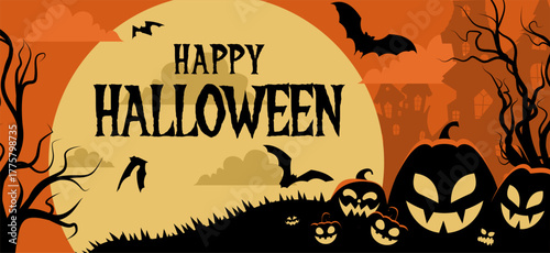 Halloween background creepy pumpkins monster in dead tree forest with big full moon as background with copy space. Halloween illustration design.