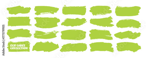 Green vector brush strokes, organic tags and labels. Hand drawn nature-inspired badges. Underlines or highlight marker strokes and smears. Bold brush smears for fresh ecology designs.