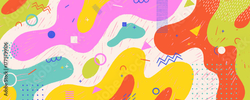 Kid pastel texture with Memphis pop playground and crayon background for funky school design. Crayon drawn organic geometric shapes and doodles. 80s or 90s aesthetic retro colorful wallpaper.