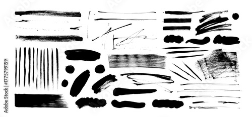 Bold brush strokes, smears and mud marks collection. Grunge ink splatters, calligraphy or graffiti strokes. Brush drawn vector sketch elements for street art design and grunge punk illustrations.