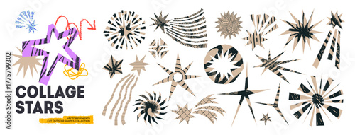 Cutout scrapbook irregular stars with scribbles. Childlike chalk or crayon texture and doodle pattern. Funky scrapbook irregular star shapes for collages, journaling, retro graphic zine design.