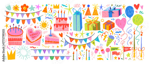 Birthday doodle set with crayon gift and cake illustration for party celebration design. Chalk flags, garlands and streamers for holiday decoration. Happy Mother day, Valentine's day and holidays.