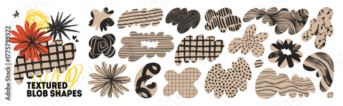 Cloud blob scrapbook irregular shape collection with crayon drawn patterns and textures. Abstract irregular organic shapes with scribbles and doodle patterns. Hand drawn amoeba organic fluid shapes.