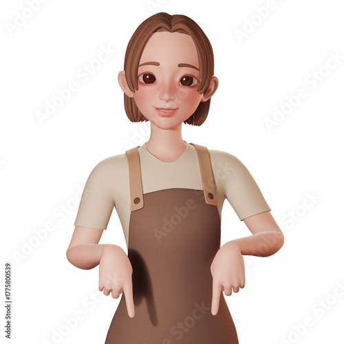 3D Portrait render of beautiful barista cartoon in brown wears. Pointing down with both hands. advertising, presentations, UIUX design, promotional materials.