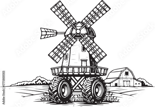 Engraved Windmill on Tractor Wheels with Farm Background. Agricultural innovation, traditional farming, and rural life illustration