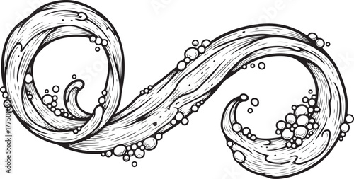 Engraved Water Splash with Bubbles. Dynamic liquid, abstract fluid, and refreshing beverage illustration
