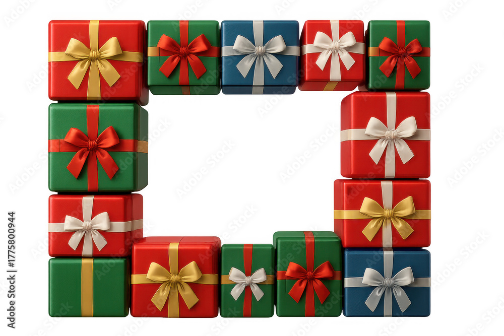 Fototapeta premium Christmas gifts and holiday presents forming a frame on transparent background, celebrating special occasions