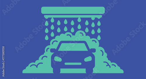 A teal car wash illustration featuring foam and water spray details