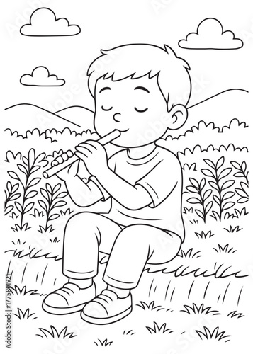 coloring book boy sitting on grass playing the flute