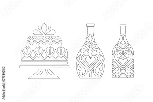 Wedding cake and champagne bottle decorative vector outline design