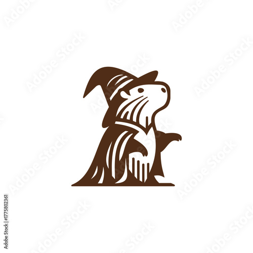 Creative logo design of cute capybara animal wearing wizard's hat and robe