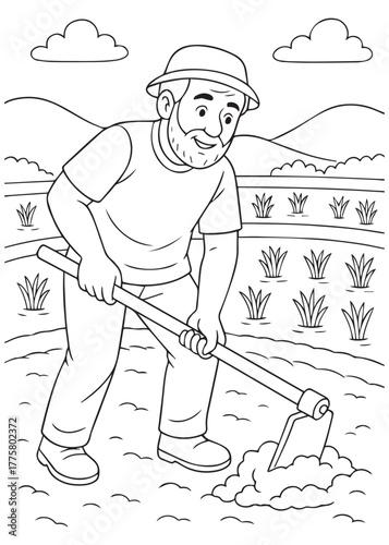 coloring book father hoeing soil in rice field