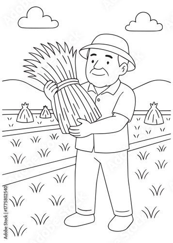 coloring book father carrying bundle of harvested rice