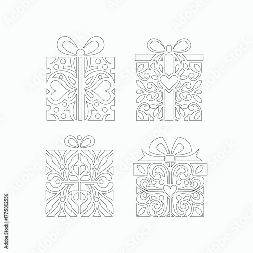 Decorative gift box vector set in floral ornamental outline style