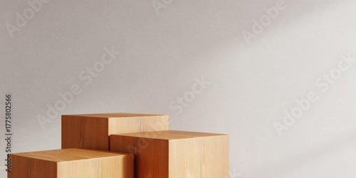 Obraz na plátně Minimal design scene with wooden cube podiums arranged in steps on a neutral bac