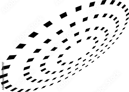 Abstract black diamond-shaped dots arranged in swirling elliptical patterns on a white background, creating a modern dynamic motion effect suitable for tech and graphic design.
