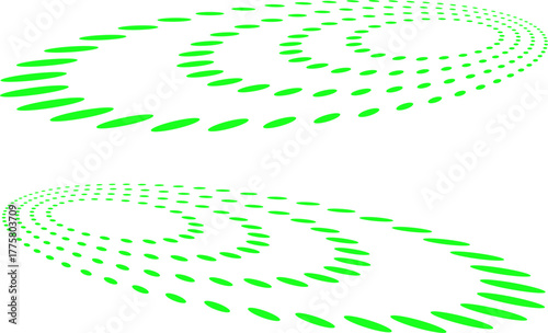 Green elliptical dot patterns forming dynamic swirling waves on a clean white background, creating a modern abstract motion effect ideal for tech, digital, and graphic design themes.
