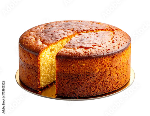 Round yellow cake with a slice removed isolated on transparent background for design
