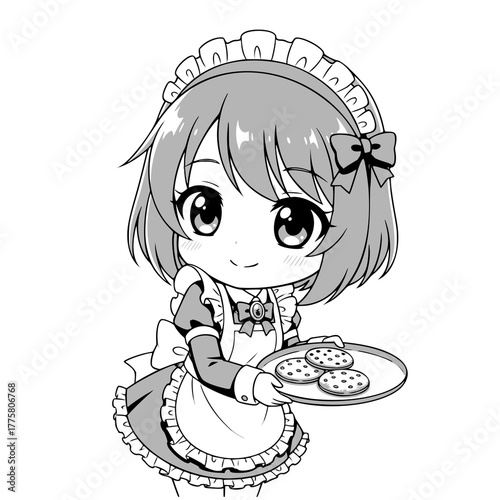 Cute anime girl illustration vector. wears a maid outfit with a headband and bow