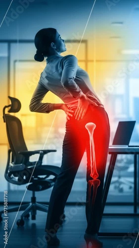 Businesswoman experiencing intense back and leg pain from prolonged sitting, highlighting office ergonomics issues.
