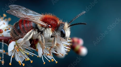 Bee on small white flowers with dark background macro close up shot.