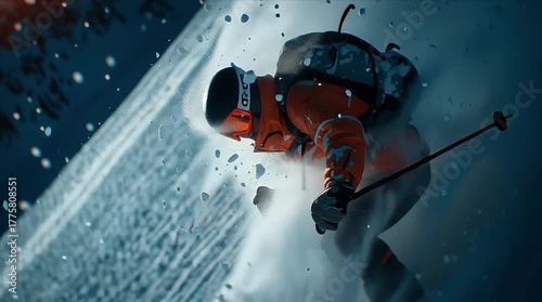 オレンジ色のウェアを着て雪の粉を巻き上げながら急斜面を滑降するスキーヤー | A Skier in Orange Gear Kicking Up Snow Powder While Carving Down a Steep Slope