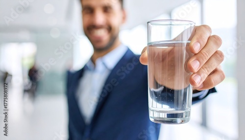 Man offering a refreshing glass of water for healthy hydration.