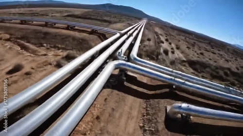 Long pipelines stretch across a dry arid landscape under a clear blue sky