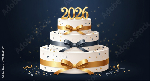 A beautifully crafted cake, with multiple layers adorned with golden ribbons and the year 2026 on top, sparkles against a deep blue background. vector illustration