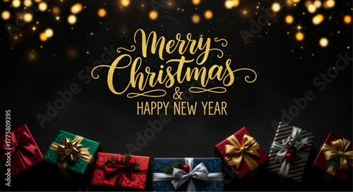 A festive greeting of Merry Christmas & Happy New Year, beautifully displayed on a dark backdrop. vector illustration