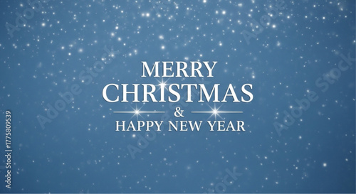 Sparkling particles dance on a serene blue backdrop, the words Merry Christmas & Happy New Year elegantly displayed. vector illustration