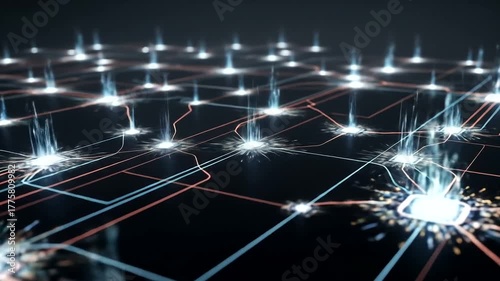 Futuristic digital network with glowing nodes and connections in dark space