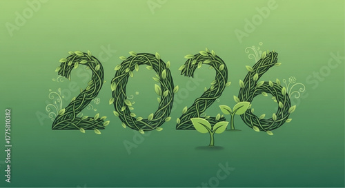 The year 2026 takes shape in an organic, verdant style. With numbers formed from thriving vines and fresh sprouts, the scene represents an optimistic vision for the future. vector illustration