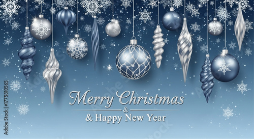 Elegant Christmas ornaments and snowflakes sparkle against a festive background, creating a visual symphony of holiday cheer and season's greetings. vector illustration