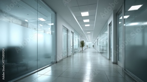 Wallpaper Mural Modern Office Interior with Glass Walls and a Long Hallway, Featuring Clean Lines and Natural Light Torontodigital.ca