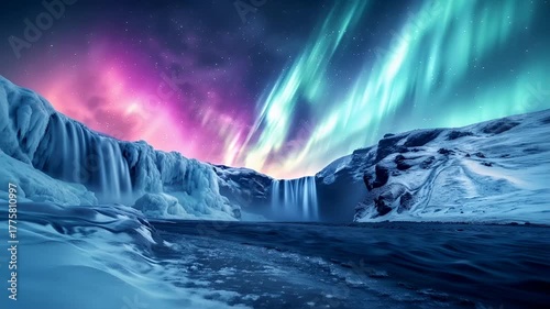 Wallpaper Mural Aurora Borealis over a snowy landscape with a waterfall and icebergs in the foreground. Torontodigital.ca