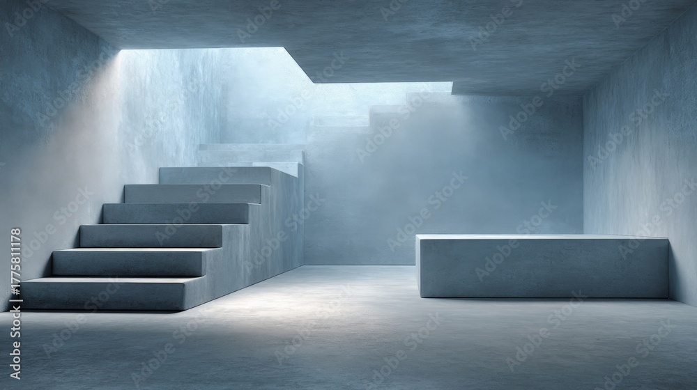 Fototapeta premium Minimalist Interior with Concrete Staircase and Natural Light, Modern Architecture Design for Gallery or Showroom