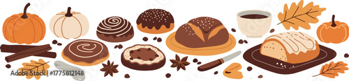 Autumn Bake Goods with Pumpkins Coffee Cinnamon and Leaves
