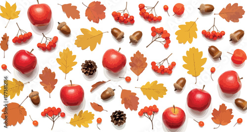 Autumn Harvest Pattern Red Apples Orange Leaves Acorns Pinecones White Background