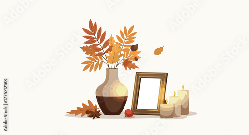 Autumn Still Life Pixel Art Vase Leaves Candles Picture Frame Warm Tones