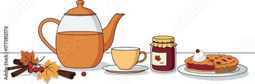 Autumn Tea Time With Pumpkin Pie And Jam Minimal Flat Design