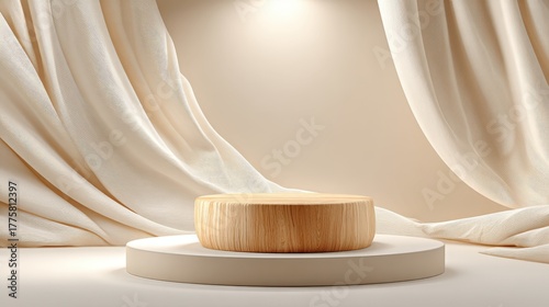 Elegant Display Podium with Cream Drapes, Perfect for Product Showcase and Minimalist Design Concepts