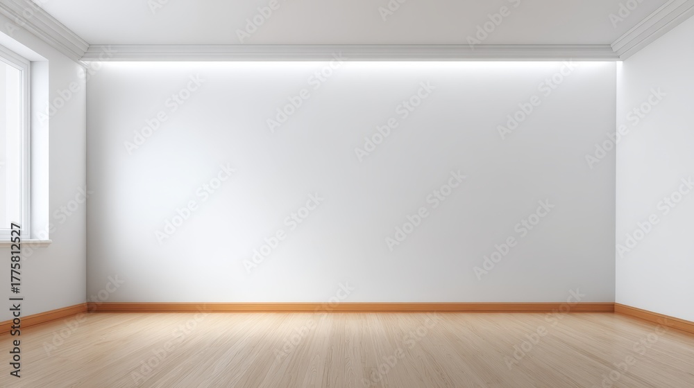 Fototapeta premium Empty Room with White Walls and Wood Floor, Interior Design, Architecture, and Sunlight