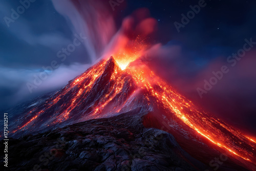 Eruption of a volcano shows molten lava and ash clouds during nighttime in a dramatic display
