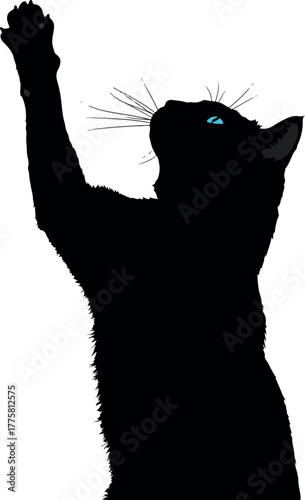 Black Cat Reaching Up With Blue Eyes Flat Design Vector