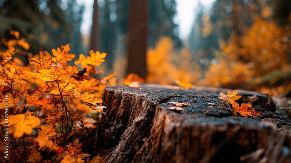 Obraz premium Autumnal forest scene featuring a tree stump with vibrant orange leaves, creating a seasonal nature backdrop