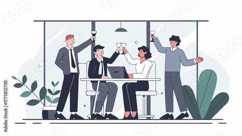 Happy business team celebrating success in the office. Colleagues toasting with champagne glasses after a successful project deal